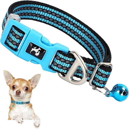 Reflective Dog Collar with Bell - Hypoallergenic Adjustable Nylon Puppy Collar for Night Safety, Soft Comfort Fit Small Dogs & Cats, Blue X-Small