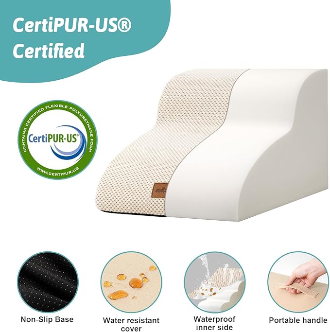 Dog Stairs for Small Dogs 11.8" H, Pet Step with Leakproof Cover, High Density Foam Cat Ramp for Chair or Sofa, Lightweight, Durable, Comfort, 15.7x19.7x11.8 inch, 2 Tiers, Beige