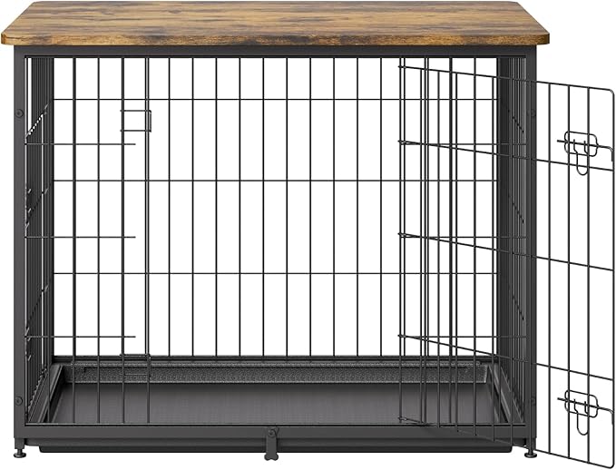 VEVOR 33" Dog Crate Furniture, Dog Kennel Furniture with Double Doors, 2-in-1 Decorative Wooden Dog Crate with Removable Tray, Dog Crate End Table Hold up to 45 lbs for Small, Medium Dogs Brown