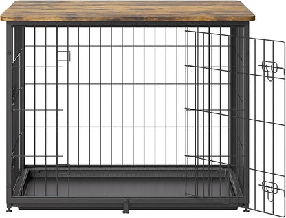 VEVOR 33" Dog Crate Furniture, Dog Kennel Furniture with Double Doors, 2-in-1 Decorative Wooden Dog Crate with Removable Tray, Dog Crate End Table Hold up to 45 lbs for Small, Medium Dogs Brown