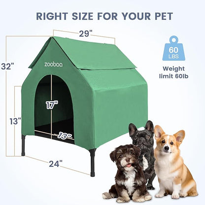 29" 2-in-1 Dog House for Medium Dogs, Elevted Dog House Outdoor/Indoor, Puppy Shelter Outside,Water Resistant 600D PVC and Durable 2x1 Textilene Raised Dog Bed(Green)