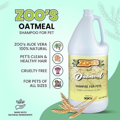Zoo’s Pet Oatmeal Dog Shampoo for Cats and Pets Fast Absorbing Moisturize Skin Provides Relief to Dry Itchy Skin While Softening Your Pet’s Coat - 1x Dog and Cat Shampoo (4L / 1.32 gal)