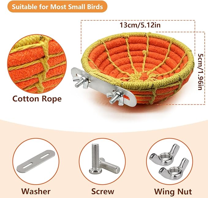 Bird Nest for Cage,Parrot Breeding Nest,Handwoven Cotton Rope Parakeet Bed,Canary Nesting House for Budgie,Finch,Cockatiel,Conure,Lovebird, Small Birds,Orange&Yellow