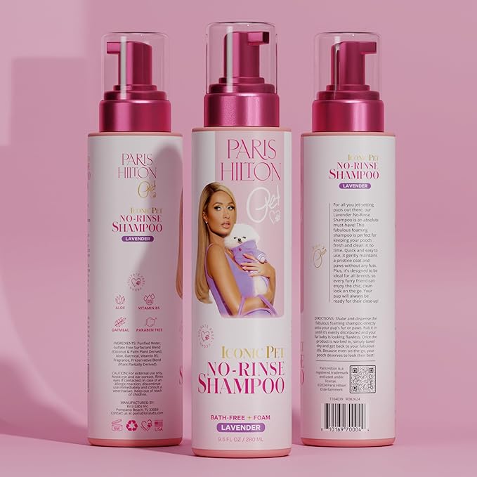 Paris Hilton Pet Iconic Lavender Scent No-Rinse Dog Shampoo, Waterless Dog Wash, Hypoallergenic, 280ml  Quick Clean for Dogs, Easy Grooming, No Rinse Needed