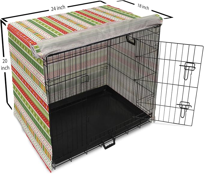 Ambesonne Christmas Dog Crate Cover, Traditional Winter Seasonal Borders Stars Bells Trees Stripes Print, Easy to Use Pet Kennel Cover for Cats & Medium Dogs, 24 Inch, Lime Green