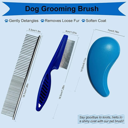 3 PCS Puppy Brush Grooming Kit, Stainless Steel Flea Comb, Fit for Yorkie, Shih Tzu, Maltipoo, Soft Bristle (Blue)