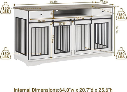 Rovibek 66" Double Dog Crate Furniture, Large Dog Kennel Furniture TV Stand for 2 Dogs, Furniture Style Dog Crates End Table, Wood Crates for Dogs White