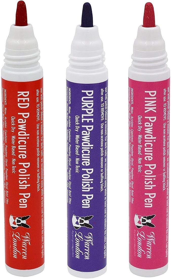 Warren London Distract-A-Hat & Pawdicure Polish Pen Bundle | Grooming Distraction Hat + 3 Nail Polish Pens for Dogs | Fast-Drying, Water-Based Dog Nail Polish | Red, Purple, Pink
