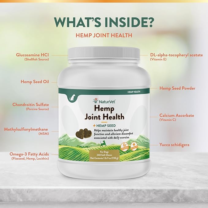 NaturVet Hemp Joint Health Hip & Joint Support Dog Supplement  Soft Chew Supplements for Dogs with Glucosamine, MSM, Chondroitin, Omega 3, Vitamins, Antioxidants  240 Ct.