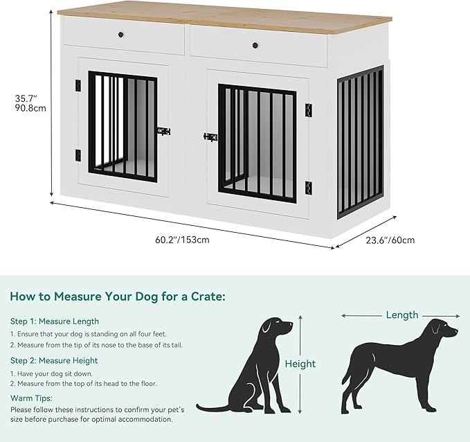 YITAHOME 60" Wooden Dog Crate Furniture with Removable Divider & Storage Drawers, Double Door Kennel with Locks for Medium and Large Dogs, Multi-Functional Dog Crate End Table for Indoor use, White