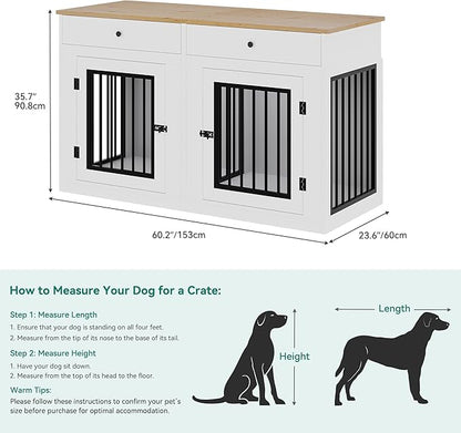 YITAHOME 60" Wooden Dog Crate Furniture with Removable Divider & Storage Drawers, Double Door Kennel with Locks for Medium and Large Dogs, Multi-Functional Dog Crate End Table for Indoor use, White