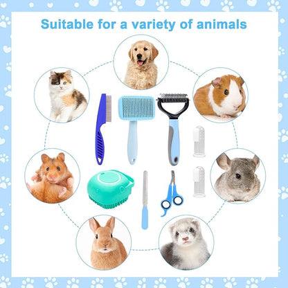VCZONE 8 Pcs Dog Brush Grooming Kits, Includes Pet Nail Clipper and File, Flea Comb, Pet Shampoo Bath Brush, Pet Shedding Brush, Pet Dematting Comb, Silicone Toothbrush (Blue)