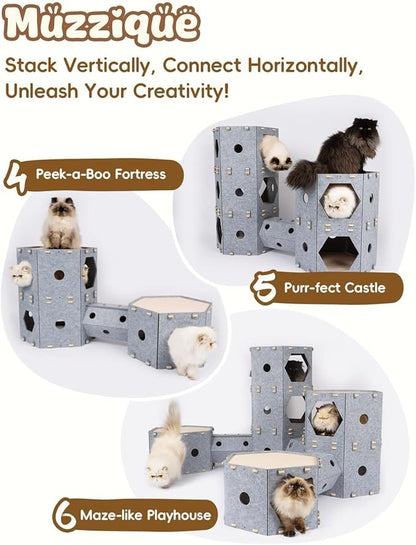 Cat Play House for Indoor Cats & Small Dogs, Muzzique Expandable Modular Felt Pet Tunnel Castle, Large Scratch Kitten Condo, Stackable Kitty Cave Platform, Sleeping Puppy Bed, XL Nest with Hair Brush