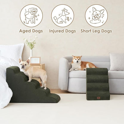 EHEYCIGA Curved Dog Stairs Ramp for High Beds 22.6" H, 5-Step Dog Steps for Small Dogs and Cats, Pet Stairs for High Bed Climbing, Non-Slip Balanced Pet Step Indoor, Olive Green