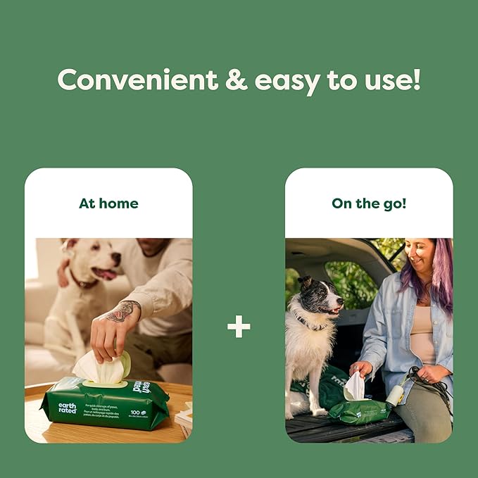 Earth Rated Pet Grooming Wipes for Dogs and Cats, Hypoallergenic, 3-in-1 Cleaning, Deodorizing and Hydrating, for Paws, Body and Butt, New White Tea and Basil Scent, 100 Count