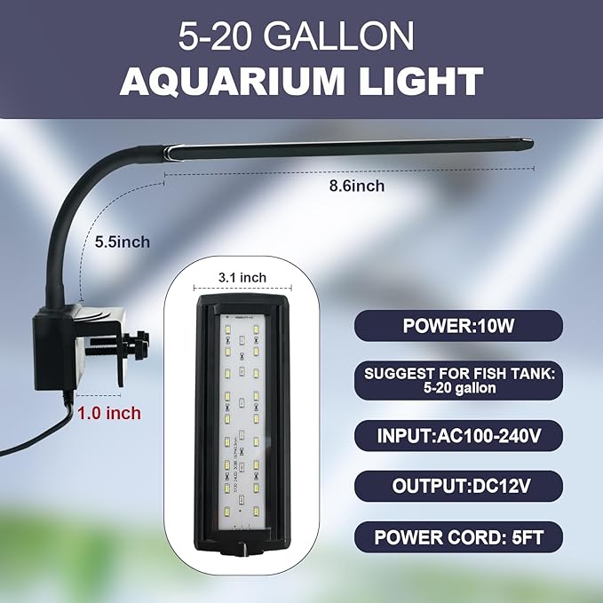 Clip-On LED Aquarium Light with Timer & Dimmable Brightness, 3 Lighting Modes, Flexible Gooseneck, Energy-Saving Fish Tank Lamp for 5-20 Gallon Betta, Nano & Planted Tanks