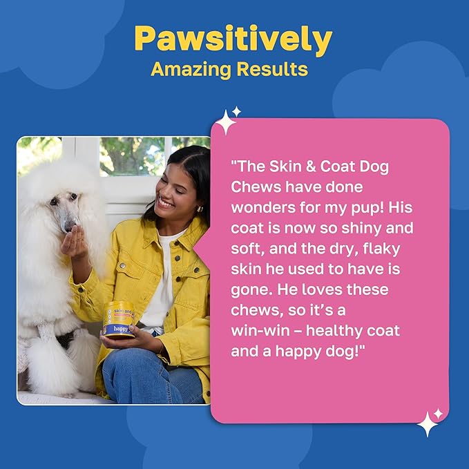 Happy Paws Skin and Coat Supplement for Dogs, Shedding & Dog Hair Growth Support for All Breeds & Ages, Made with Coconut Oil & Vitamin B12, Vegan Chicken Flavor, Organic, Non GMO, 100 Soft Chews