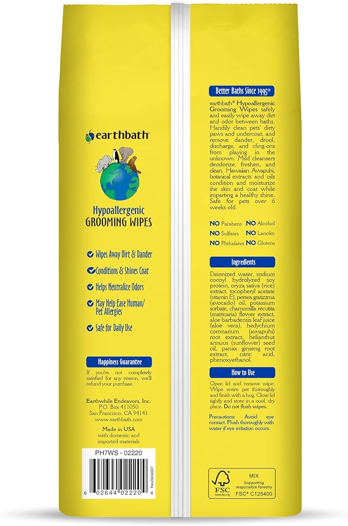 earthbath, Hypo-Allergenic Grooming Wipes - Fragrance Free Dog Wipes for Paws and Butt, Best Pet Wipes for Dogs with Sensitive Skin, Made in USA, Cruelty-Free Dog Cleaning Wipes - 100 Count (2 Pack)