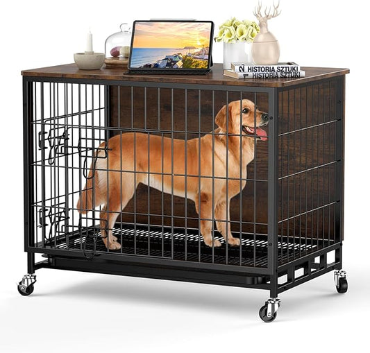 Dog Crate Furniture, 27.2" Small Dog Crate Furniture with Double-Doors, Wooden Dog Kennel Furniture with Removable Tray and Wheels, Modern Side End Table, Rustic Brown