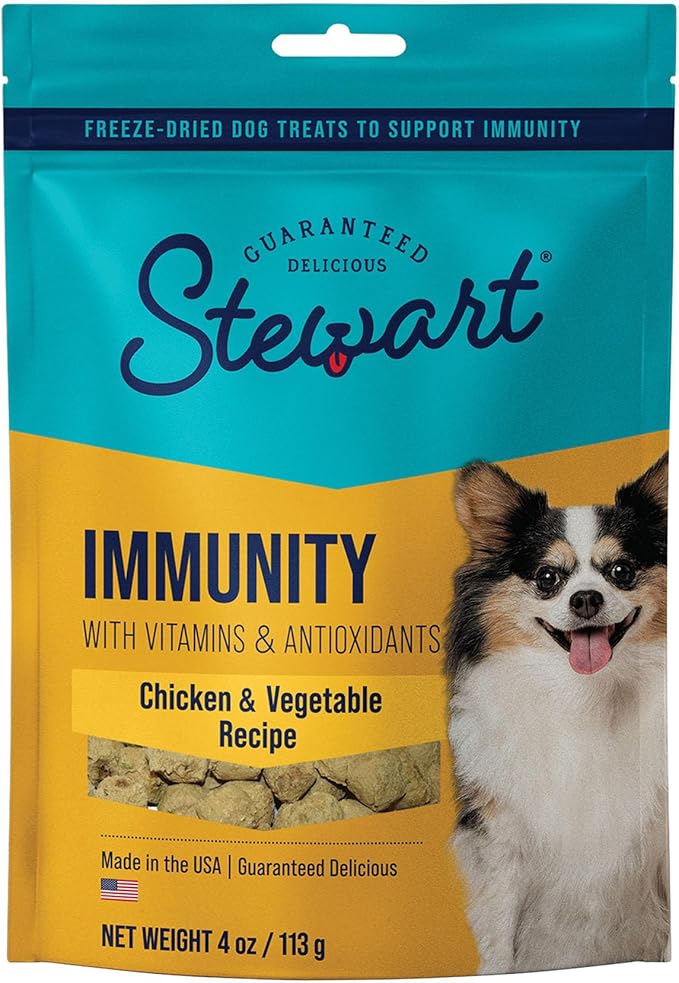 Stewart Freeze Dried Dog Treats, Chicken & Vegetable, Immunity Treats, Vitamin E, Grain Free, 4 Ounce Resealable Pouch, Made in USA