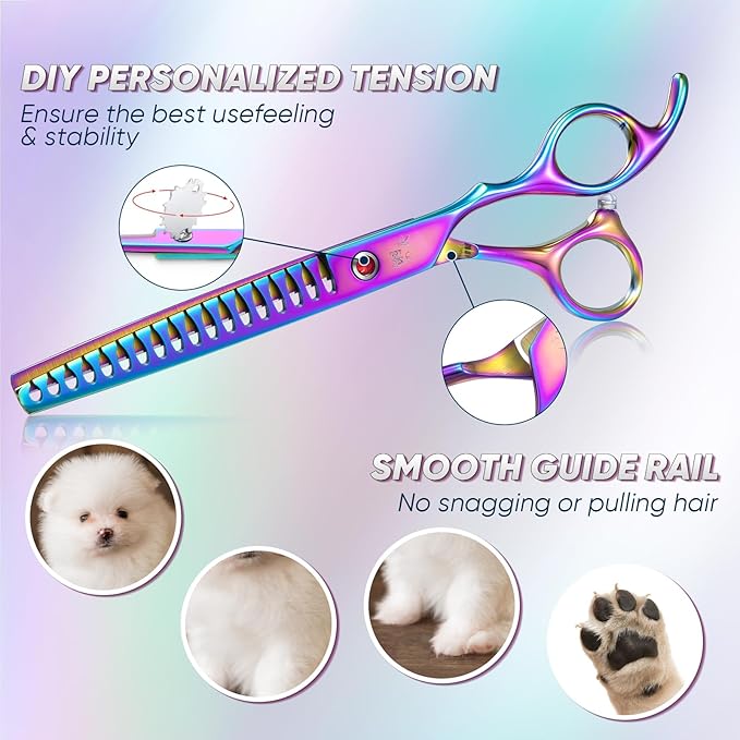 7" Chunker Shears Dog Grooming Rainbow, Thinner Blender Shears for Medium and Big Pets, Japanese Stainless Steel 440C Fur Trimming Scissors for Novice and Professional Groomers