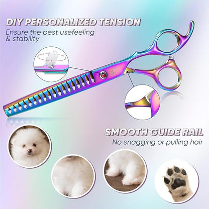 7" Multicolour Dog Grooming Kit - Premium Japanese 440C Stainless Steel Straight Scissors, Thinning Shears, Curved Scissors, Chunker Shears with Steel Comb