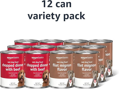 Amazon Basics Chopped Ground Dinner Wet Dog Food Variety Pack, Filet Mignon Flavor and with Beef, Made with Natural Ingredients, 13.2oz Cans (Pack of 12)