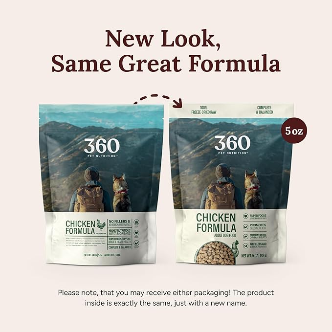 360 Pet Nutrition Raw Freeze-Dried Dog Food, High Protein, Balanced Meal, Chicken, Liver, Heart, Fruit, Veggies, Superfoods, No Fillers, 5 oz Food/Bites/Kibble (Chicken) Trial Size