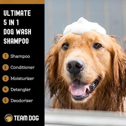 TEAM DOG 5 in 1 Oatmeal Shampoo for Dogs | Moisturizing, Detangling & Deodorizing Dog Shampoo and Conditioner | for Allergies & Sensitive Skin | No MEA/DEA, Phosphate, Sulfates, Parabens | 16 Fl Oz