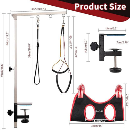 Dog Grooming Table Arm with Hammock - Adjustable Height, Pet Grooming Hammock, No Sit Haunch Holders, Loop Noose Heavy-Duty Clamp (Stainless Steel)