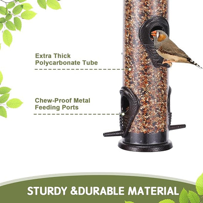 MIXXIDEA 2PK Metal Wild Bird Feeder Squirrel Proof Bird Feeders for Outside Hanging 6 Port Tube Bird Feeder Transparent Finch Feeder with Steel Hanger (Coffee)