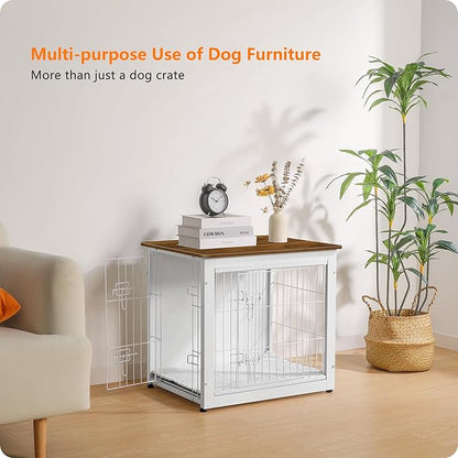 DWANTON Dog Crate Furniture with Cushion, Wooden Dog Crate with Double Doors, Dog Furniture, Dog Kennel Indoor for Small Dogï¼_nd Table, 27.2" L, White+Warm Brown