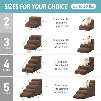 Dog Stairs for High Bed 22.6" H, Small Pet Steps with Leakproof Cover, High Density Foam Cat Ramp for Bed, Car or Couch, Lightweight, Durable, Comfort, 15.7x33x22.6 inch, 5 Tiers, Brown