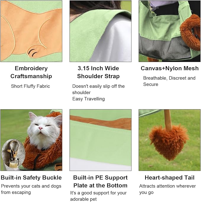 Dog Carrier Sling Lion-Shaped Pet Canvas Bag Cat Shoulder Bag Pet Body Holder for Daily Use Walking Travel Outdoor, Light Green S