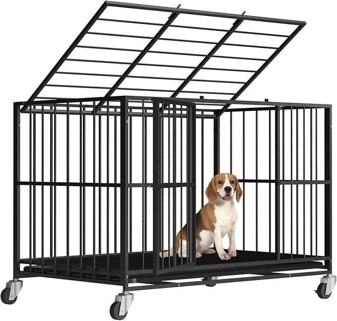 48/42/38 Inch Heavy Duty Dog Crate Steel Escape Proof,Indoor Double Door High Anxiety Cage, Removable Tray, Kennel with Wheels,XL