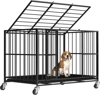48/42/38 Inch Heavy Duty Dog Crate Steel Escape Proof,Indoor Double Door High Anxiety Cage, Removable Tray, Kennel with Wheels,XL