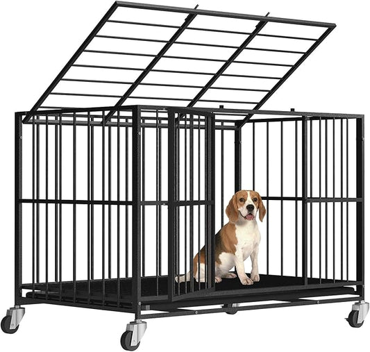 48/42/38 Inch Heavy Duty Dog Crate Steel Escape Proof,Indoor Double Door High Anxiety Cage, Removable Tray, Kennel with Wheels,XL