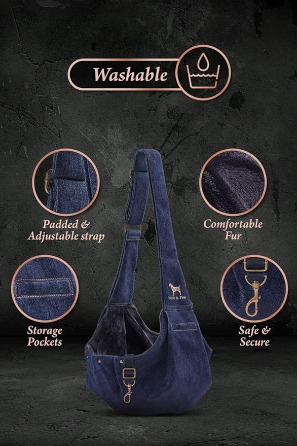 Noah & Paw Dog Sling Carrier for Small Dogs 5-18lb, Dog Sling for Small Dogs and Cats, Dog Carrier with Adjustable Padded Strap, Premium Denim, Lined with Fur, Double Safety Feature, Machine Washable