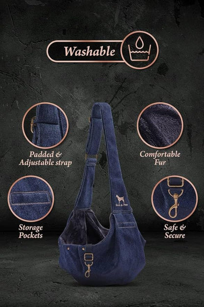 Noah & Paw Dog Sling Carrier for Small Dogs 5-18lb, Dog Sling for Small Dogs and Cats, Dog Carrier with Adjustable Padded Strap, Premium Denim, Lined with Fur, Double Safety Feature, Machine Washable