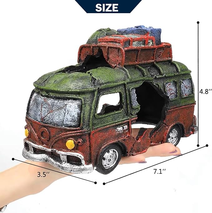 Car Wreckage Aquarium Ornament Car Wreckage for Fish Tank Underwater Landscape Decoration Hiding Cave Hideouts House Plants Supplies Accessories – Small（Green）