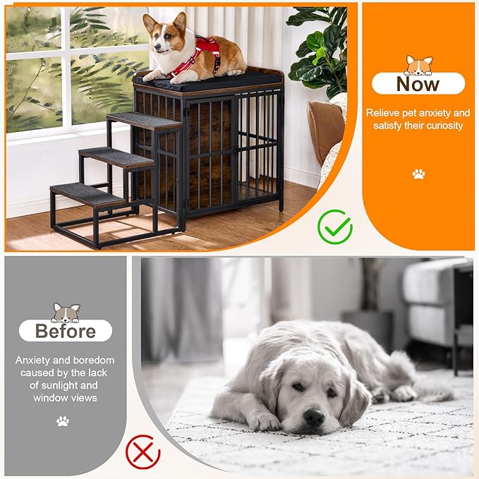 Snughome Dog Crate Furniture with Stairs, 41.73‘’ Wooden Dog Kennel Indoor with Double Doors, Furniture Style Dog Crate with Cushion for Dogs, Heavy Duty Dog Cage for Small/Medium Dogs, Rustic Brown