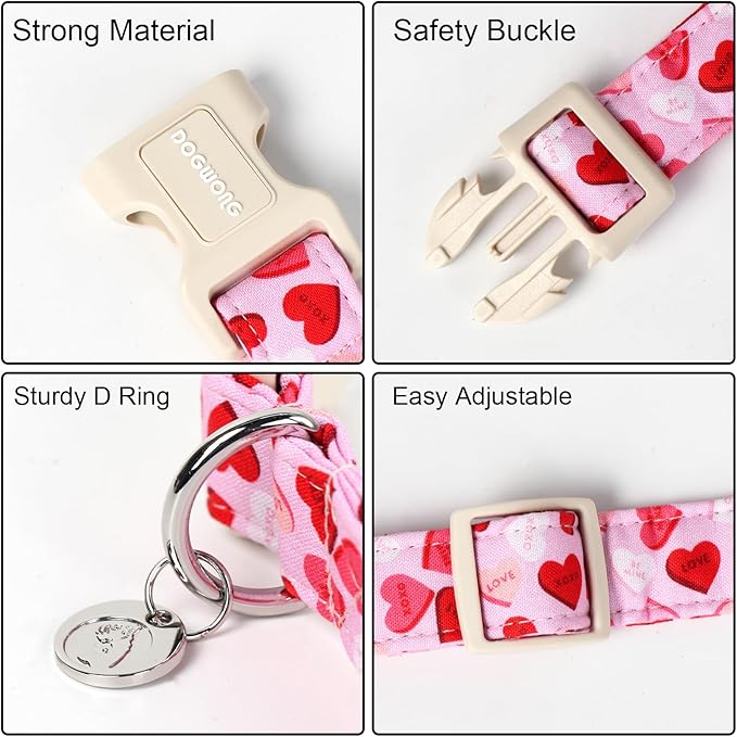 DOGWONG Valentine's Dog Collar - Pink Heart Adjustable Cotton Heart Dog Collar - Perfect for Small to Medium Dogs