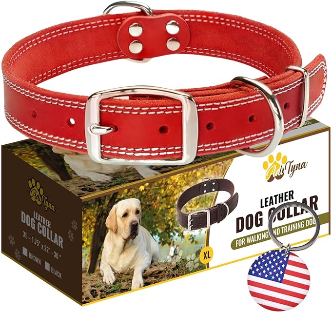 ADITYNA Heavy Duty Red Leather Dog Collar for Large Dogs - Soft and Strong Leather Dog Collar for Walking and Training
