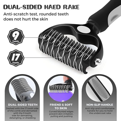 5 in 1 Dog Grooming Kit, Self Cleaning Slicker Brush for Shedding Short Long Haired Dogs & Cats, Includes Pet Comb, Flea Comb, Bath Brush, Undercoat Rake, Gray