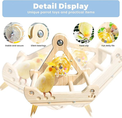 Bird Perch Toy, Interactive Rocking Parakeet Perch, Wooden Exercise Wheel for Cockatiels, Puzzle Enrichment Toy for Parrots, Bird Cage Accessories for Budgies & Conures(Pirate Ship)