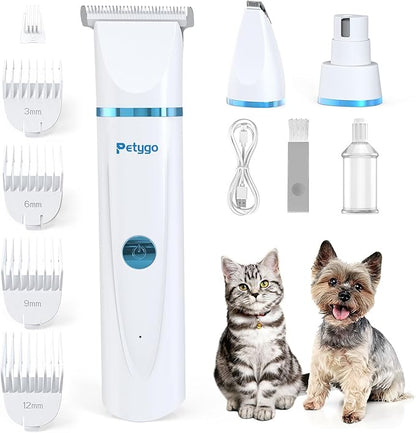 3-in-1 Dog Grooming Clippers Kit - Rechargeable Low Noise Pet Trimmer Set with Paw Trimmer, Cordless Nail Grinder, Shaver for Small Dogs & Cats - Includes 4 Guide Combs & USB Cable