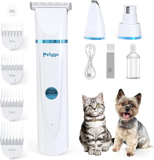 3-in-1 Dog Grooming Clippers Kit - Rechargeable Low Noise Pet Trimmer Set with Paw Trimmer, Cordless Nail Grinder, Shaver for Small Dogs & Cats - Includes 4 Guide Combs & USB Cable