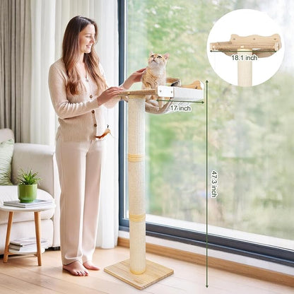 Upgraded Cat Window Perch with Scratching Post, 47.3" Adjustable Cat Tall Scratching Posts & Suction Cup – Multi-Level Perch for Climbing, Bird Watching, and Play, Supports 50 lbs (Drilling-Free)