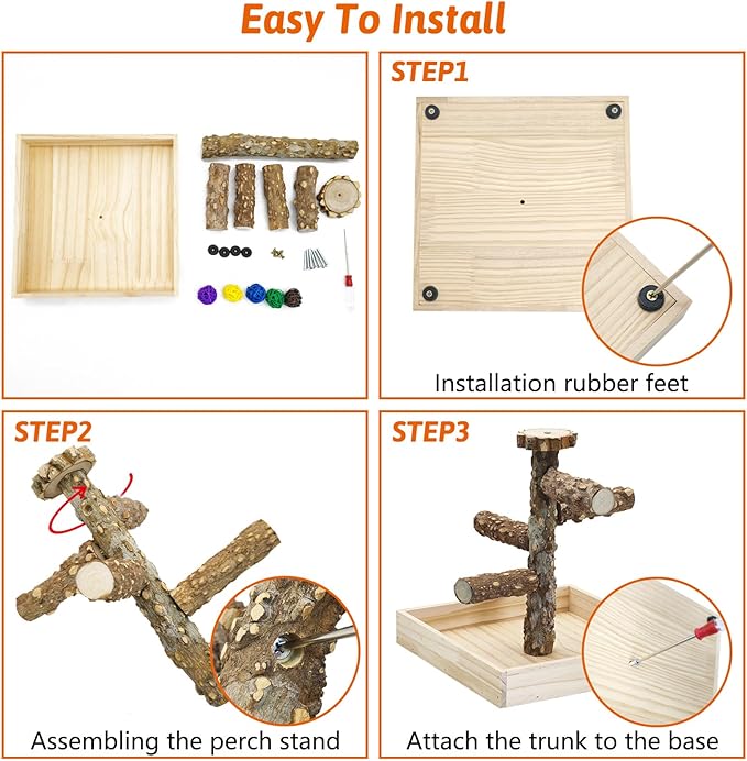 BNOSDM Portable Bird Perch Stand with Potty Tray, Natural Wood Tabletop Training Gym Parrot Playground Toy for Budgies, Cockatiels, Lovebirds,Conures Canaries