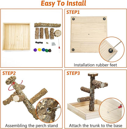 BNOSDM Portable Bird Perch Stand with Potty Tray, Natural Wood Tabletop Training Gym Parrot Playground Toy for Budgies, Cockatiels, Lovebirds,Conures Canaries